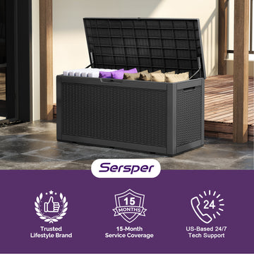 100 Gallon Outdoor Storage Box - Waterproof Resin Deck Box with Gas Strut, Lockable, UV Resistant, for Patio Cushions, Pool Supplies, Black thumbnail