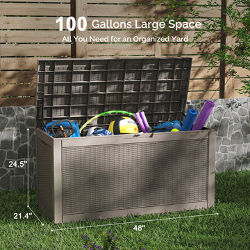 100 Gallon Outdoor Storage Box - Waterproof Resin Deck Box with Gas Strut, Lockable, UV Resistant, for Patio Cushions, Pool Supplies, Grey thumbnail