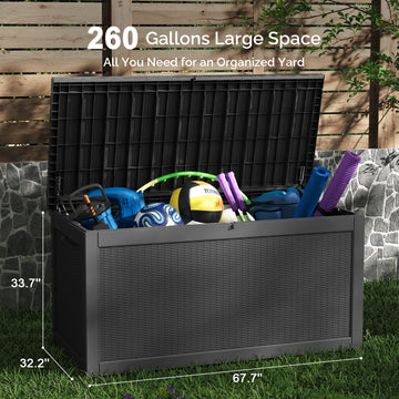 260 Gallon Outdoor Storage Box - Waterproof Resin Deck Box with Gas Strut, Lockable, UV Resistant, for Patio Cushions, Pool Supplies, Black thumbnail