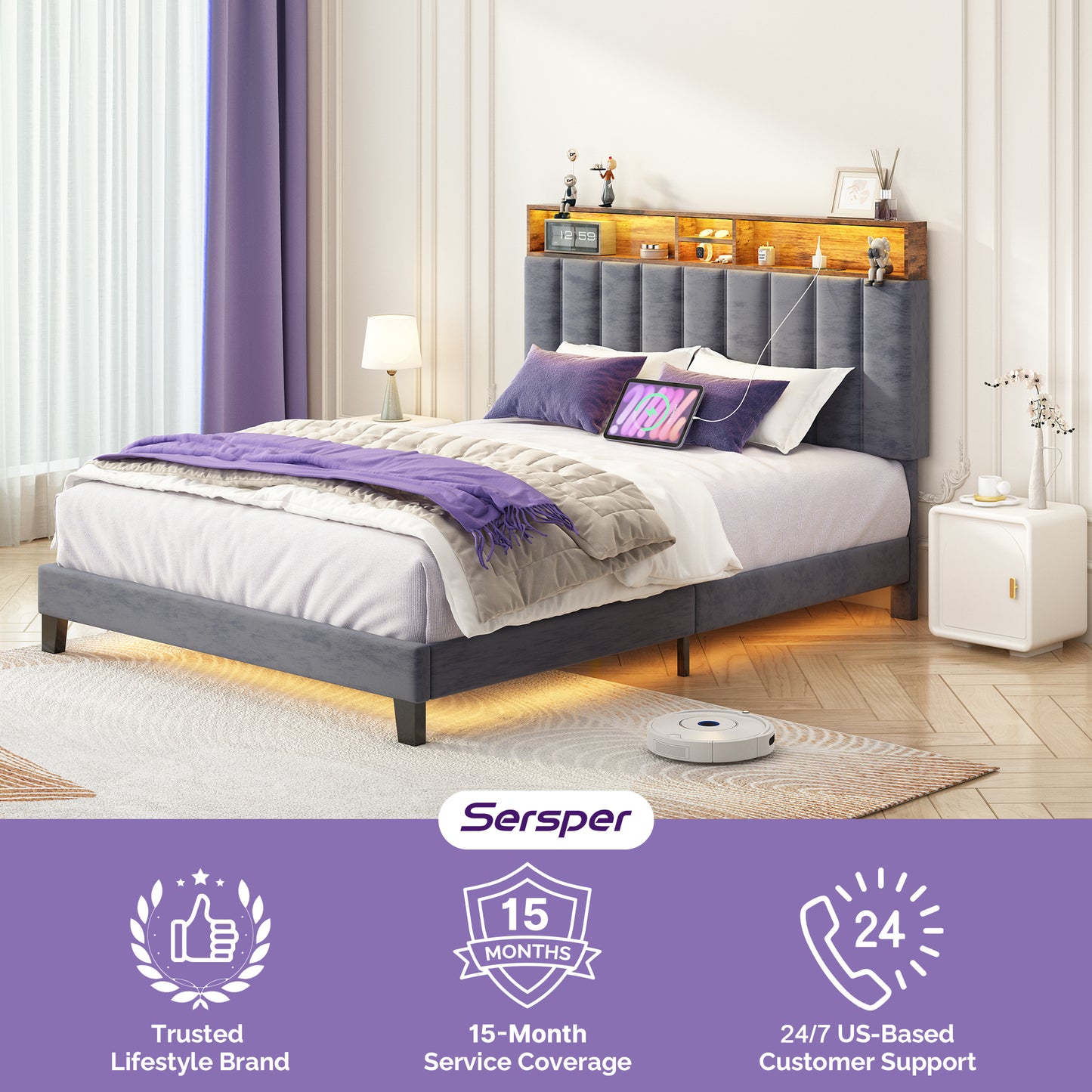 Wooden Platform Bed Frame with Storage Headboard, Built-in Charging Station & RGB LED Lights, Compatible with Multiple Mattress Sizes, Easy Assembly (Color: Grey)