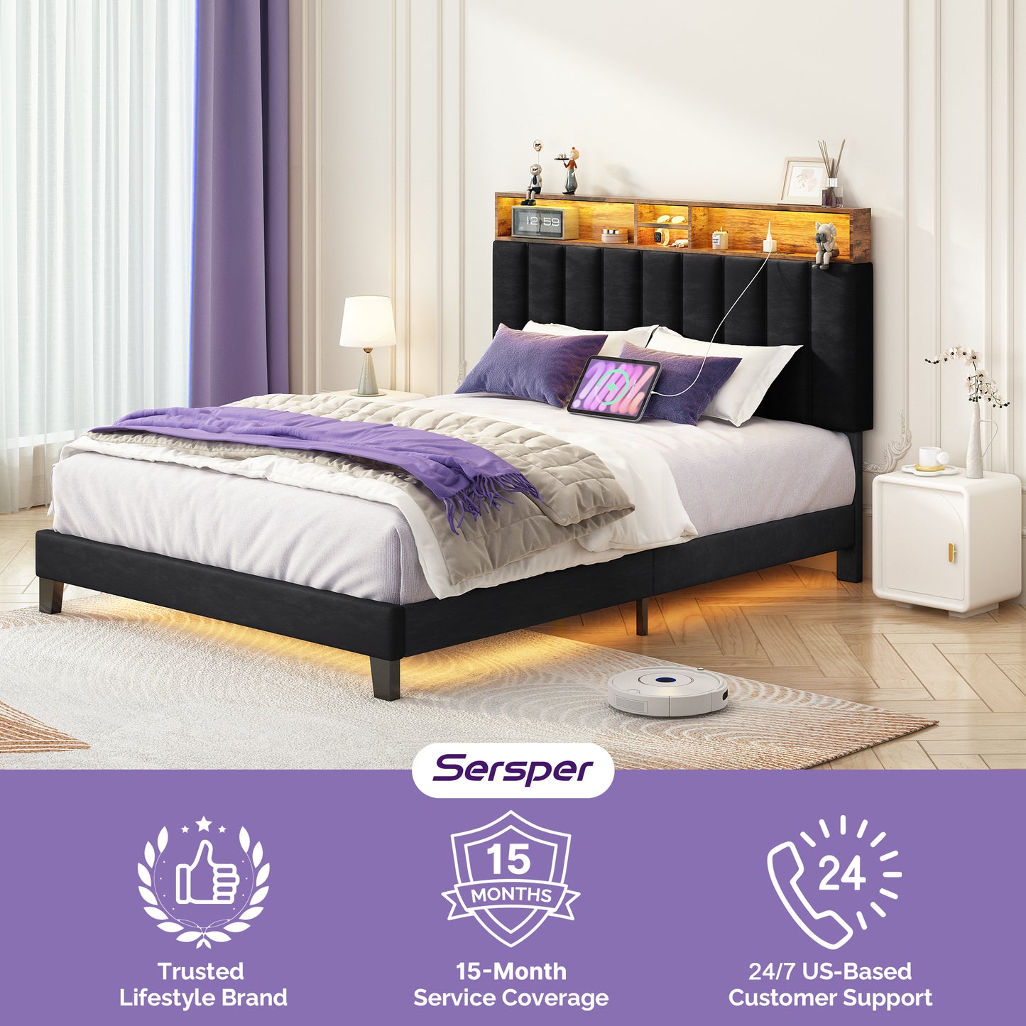 Wooden Platform Bed Frame with Storage Headboard, Built-in Charging Station & RGB LED Lights, Compatible with Multiple Mattress Sizes, Easy Assembly (Color: Black)