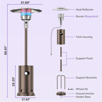 Freestanding Patio Heater, 48,000 BTU Outdoor Propane Heater with Wheel Kit, Tip-Over Safety Valve, Stainless Steel Burner & One-Button Ignition (Bronze) thumbnail