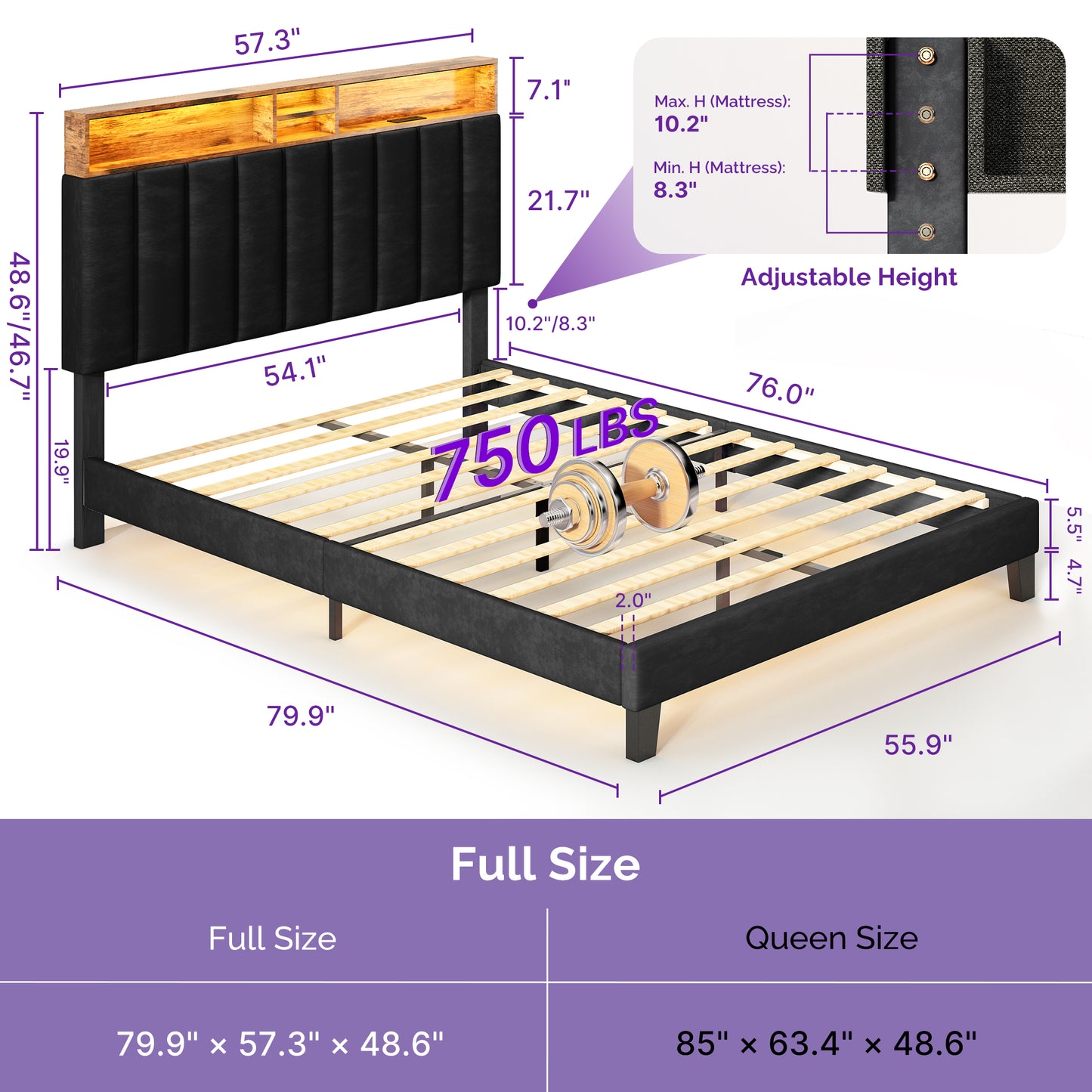 Wooden Platform Bed Frame with Storage Headboard, Built-in Charging Station & RGB LED Lights, Compatible with Multiple Mattress Sizes, Easy Assembly (Color: Black)