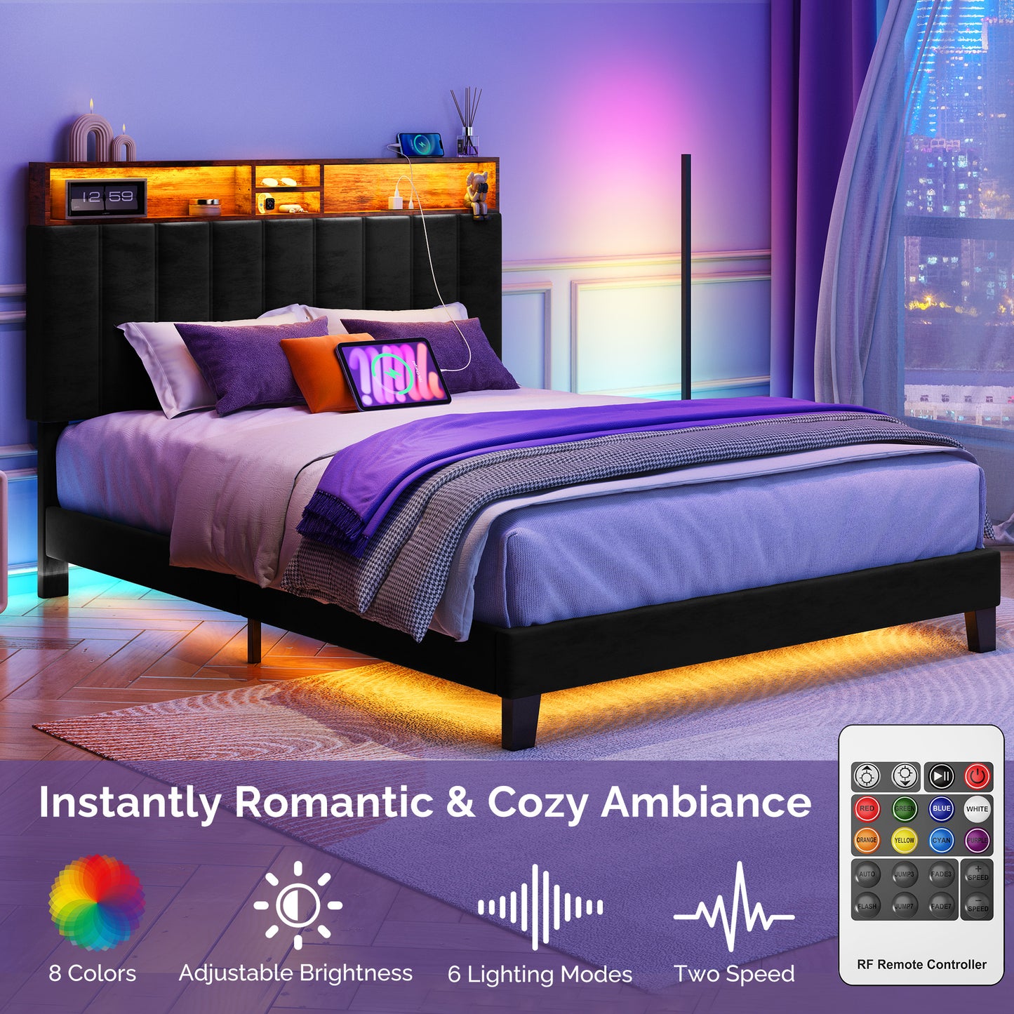 Wooden Platform Bed Frame with Storage Headboard, Built-in Charging Station & RGB LED Lights, Compatible with Multiple Mattress Sizes, Easy Assembly (Color: Black)