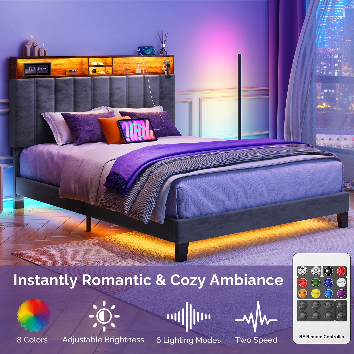 Wooden Platform Bed Frame with Storage Headboard, Built-in Charging Station & RGB LED Lights, Compatible with Multiple Mattress Sizes, Easy Assembly (Color: Grey)