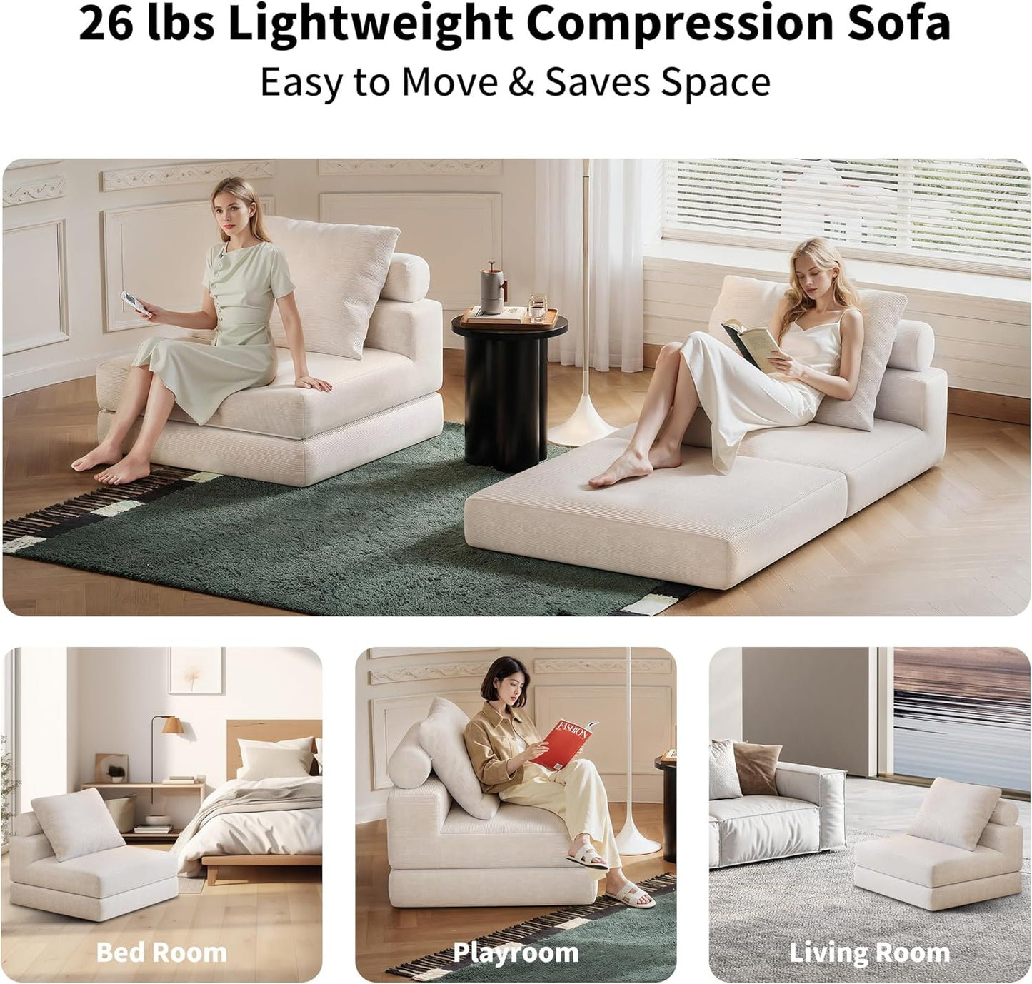 3-in-1 Folding Sofa Bed Single White