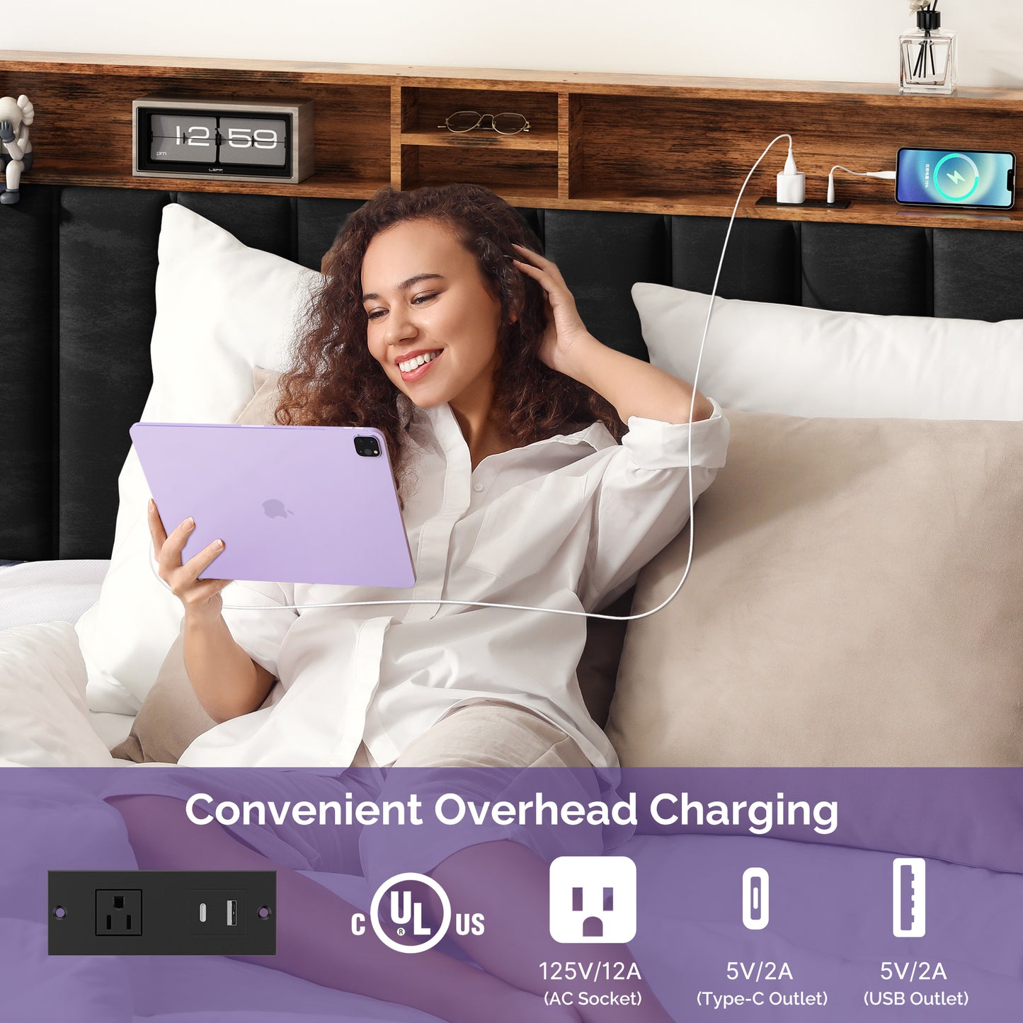 Wooden Platform Bed Frame with Storage Headboard, Built-in Charging Station & RGB LED Lights, Compatible with Multiple Mattress Sizes, Easy Assembly (Color: Black)