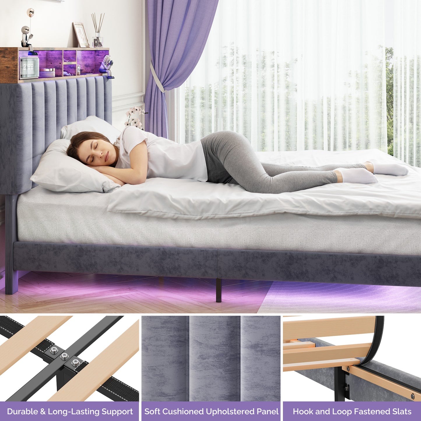 Wooden Platform Bed Frame with Storage Headboard, Built-in Charging Station & RGB LED Lights, Compatible with Multiple Mattress Sizes, Easy Assembly (Color: Grey)