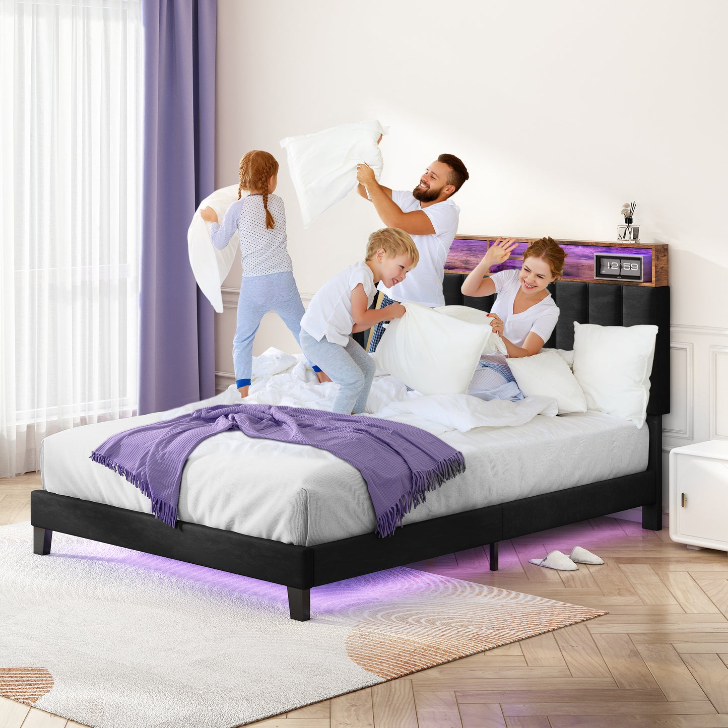 Wooden Platform Bed Frame with Storage Headboard, Built-in Charging Station & RGB LED Lights, Compatible with Multiple Mattress Sizes, Easy Assembly (Color: Black)