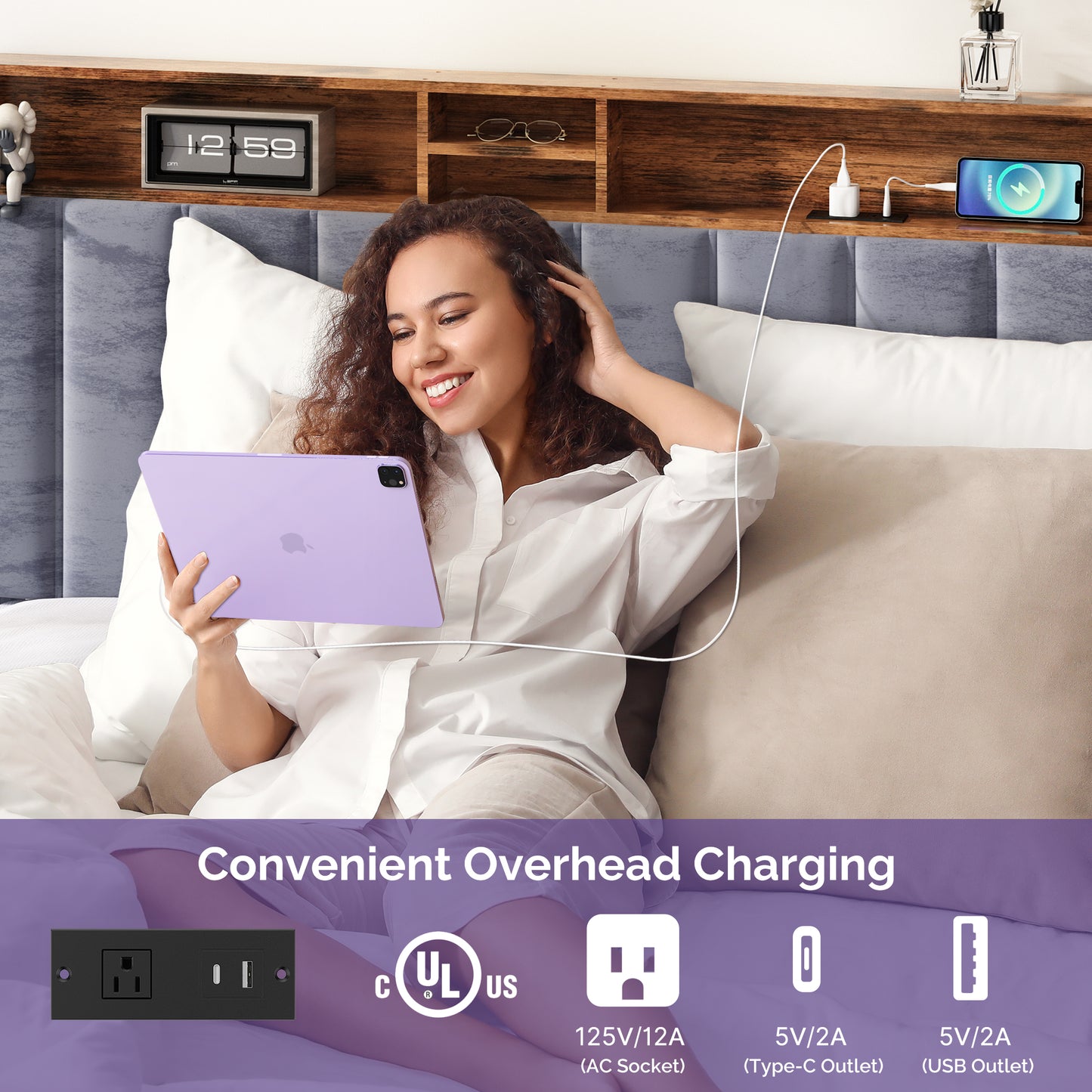 Wooden Platform Bed Frame with Storage Headboard, Built-in Charging Station & RGB LED Lights, Compatible with Multiple Mattress Sizes, Easy Assembly (Color: Grey)
