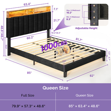 Wooden Platform Bed Frame with Storage Headboard, Built-in Charging Station & RGB LED Lights, Compatible with Multiple Mattress Sizes, Easy Assembly (Color: Black) thumbnail