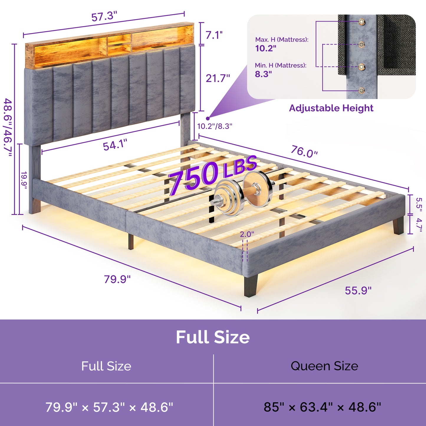 Wooden Platform Bed Frame with Storage Headboard, Built-in Charging Station & RGB LED Lights, Compatible with Multiple Mattress Sizes, Easy Assembly (Color: Grey)