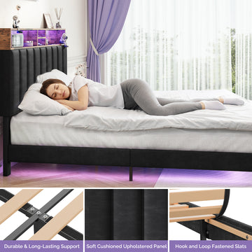 Wooden Platform Bed Frame with Storage Headboard, Built-in Charging Station & RGB LED Lights, Compatible with Multiple Mattress Sizes, Easy Assembly (Color: Black) thumbnail