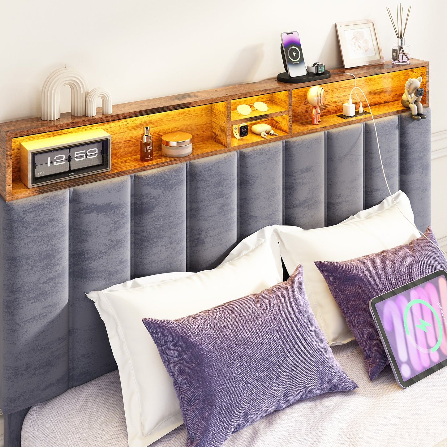 Wooden Platform Bed Frame with Storage Headboard, Built-in Charging Station & RGB LED Lights, Compatible with Multiple Mattress Sizes, Easy Assembly (Color: Grey)