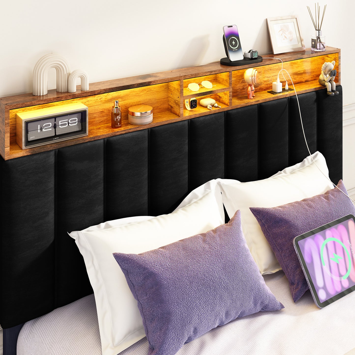 Wooden Platform Bed Frame with Storage Headboard, Built-in Charging Station & RGB LED Lights, Compatible with Multiple Mattress Sizes, Easy Assembly (Color: Black)