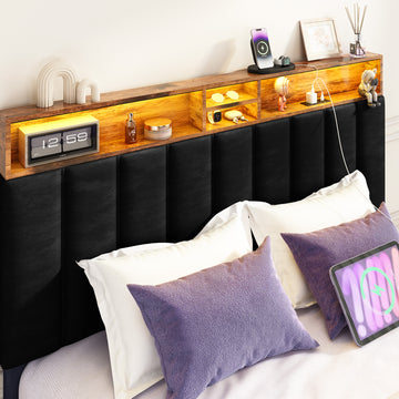 Wooden Platform Bed Frame with Storage Headboard, Built-in Charging Station & RGB LED Lights, Compatible with Multiple Mattress Sizes, Easy Assembly (Color: Black) thumbnail