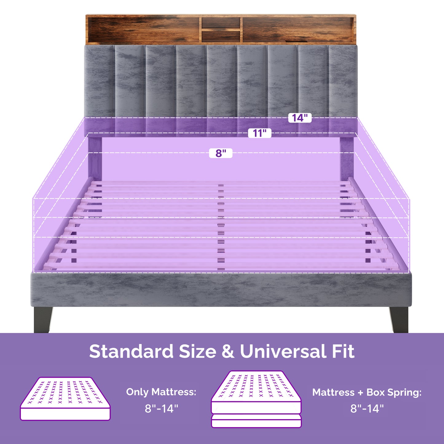Wooden Platform Bed Frame with Storage Headboard, Built-in Charging Station & RGB LED Lights, Compatible with Multiple Mattress Sizes, Easy Assembly (Color: Grey)