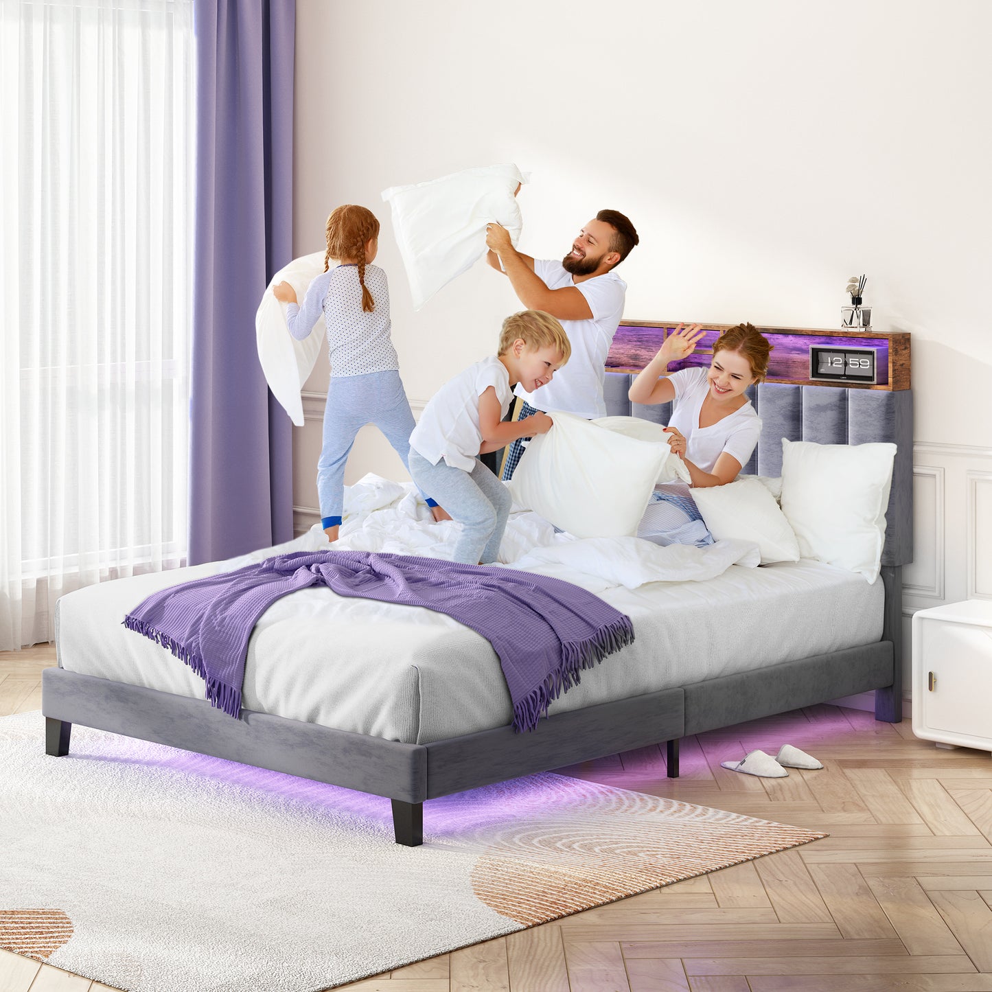Wooden Platform Bed Frame with Storage Headboard, Built-in Charging Station & RGB LED Lights, Compatible with Multiple Mattress Sizes, Easy Assembly (Color: Grey)