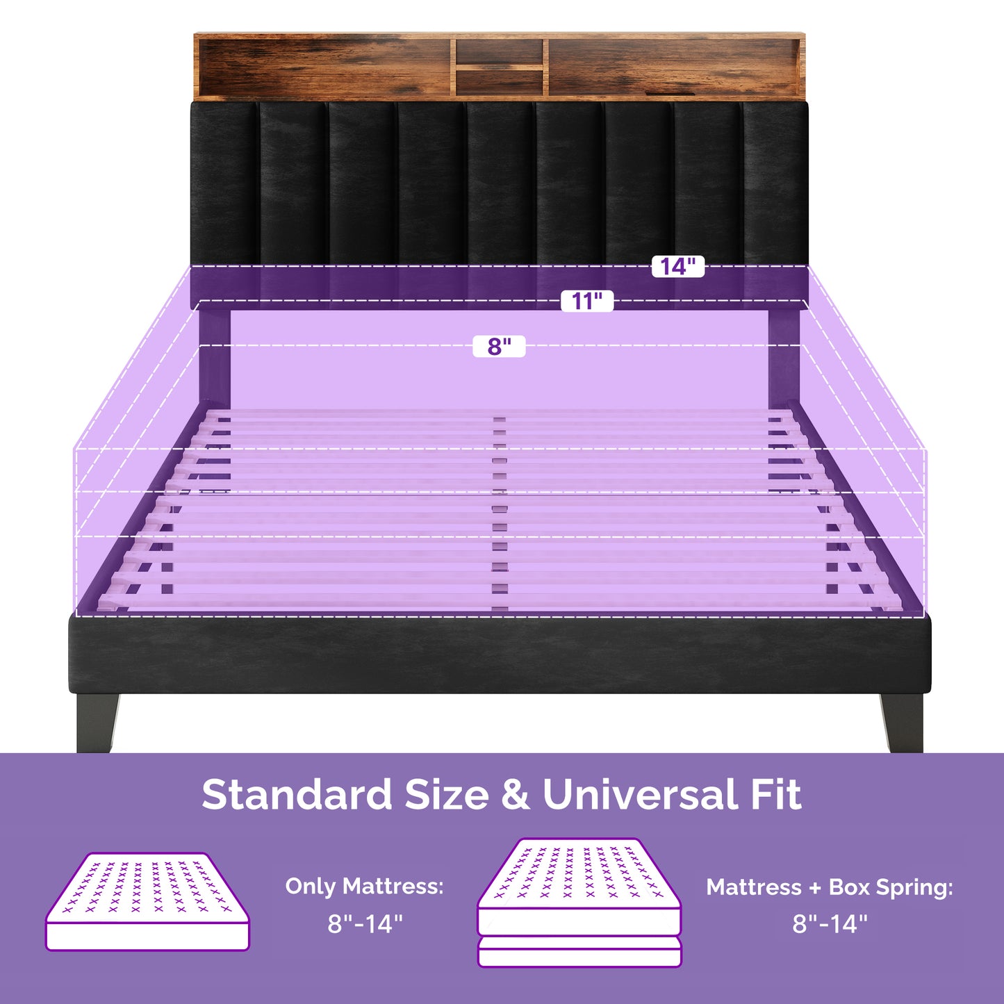 Wooden Platform Bed Frame with Storage Headboard, Built-in Charging Station & RGB LED Lights, Compatible with Multiple Mattress Sizes, Easy Assembly (Color: Black)