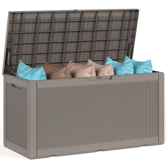 100 Gallon Outdoor Storage Box - Waterproof Resin Deck Box with Gas Strut, Lockable, UV Resistant, for Patio Cushions, Pool Supplies, Grey