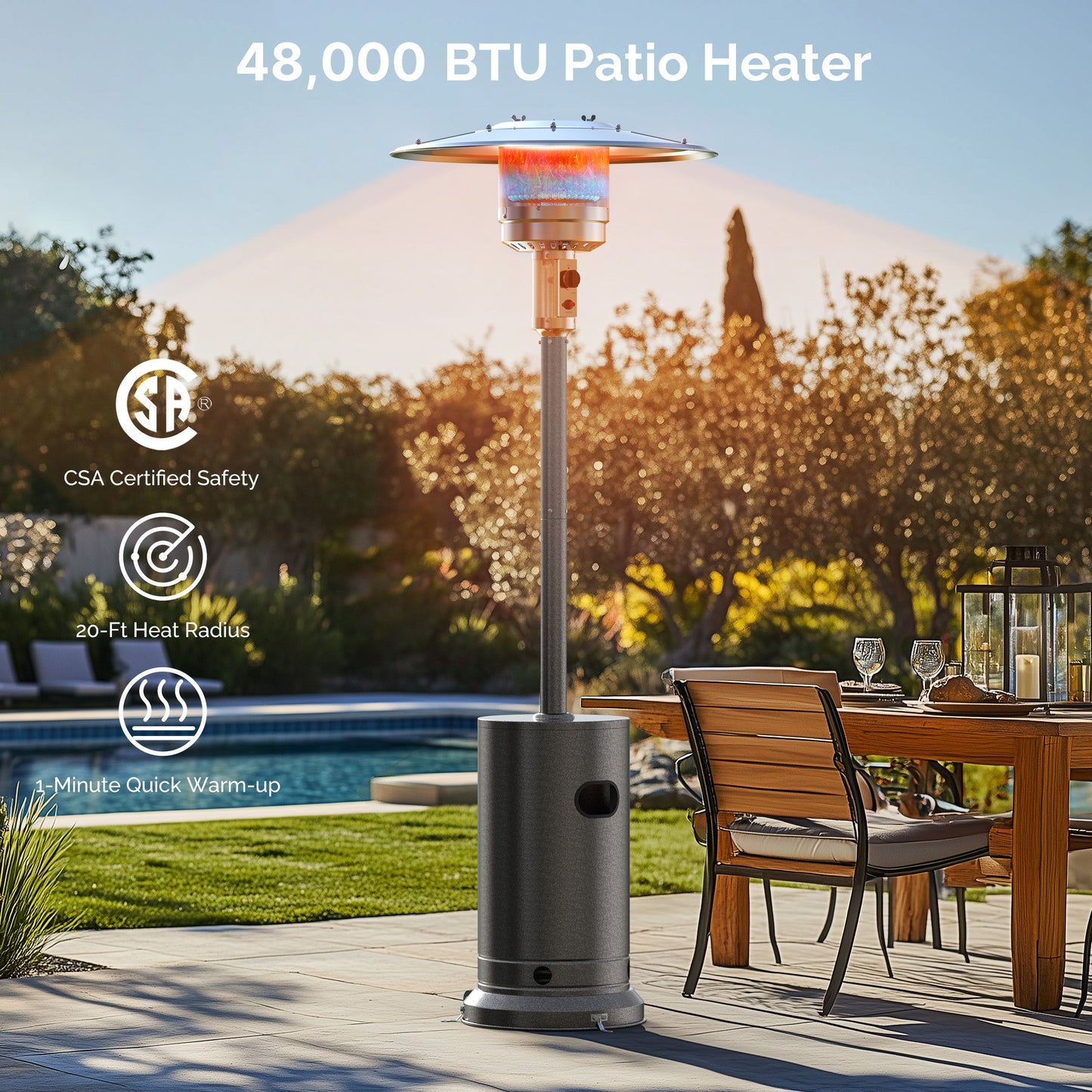 Freestanding Patio Heater, 48,000 BTU Outdoor Propane Heater with Wheel Kit, Tip-Over Safety Valve, Stainless Steel Burner & One-Button Ignition (Gray)