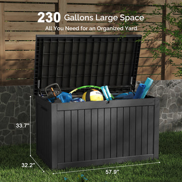 230 Gallon Outdoor Storage Box - Waterproof Resin Deck Box with Gas Strut, Lockable, UV Resistant, for Patio Cushions, Pool Supplies, Black thumbnail