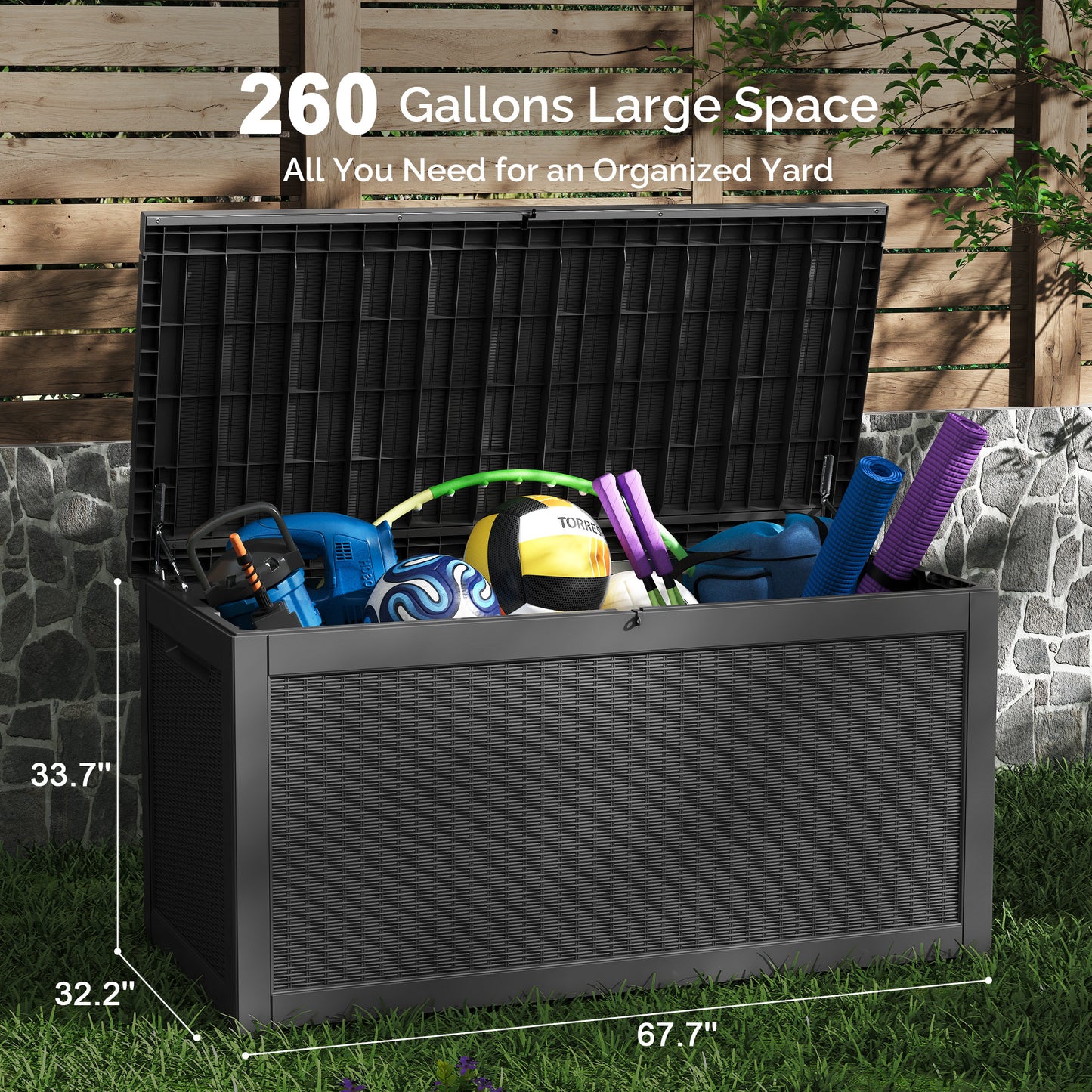 260 Gallon Outdoor Storage Box - Waterproof Resin Deck Box with Gas Strut, Lockable, UV Resistant, for Patio Cushions, Pool Supplies, Black