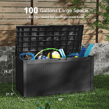100 Gallon Outdoor Storage Box - Waterproof Resin Deck Box with Gas Strut, Lockable, UV Resistant, for Patio Cushions, Pool Supplies, Black thumbnail
