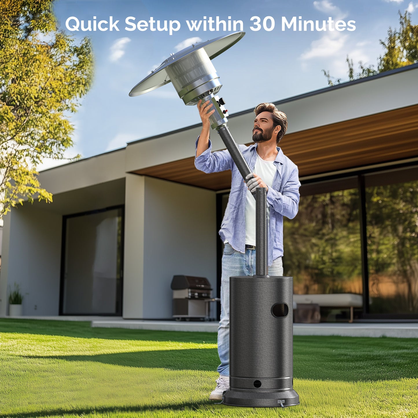 Freestanding Patio Heater, 48,000 BTU Outdoor Propane Heater with Wheel Kit, Tip-Over Safety Valve, Stainless Steel Burner & One-Button Ignition (Gray)