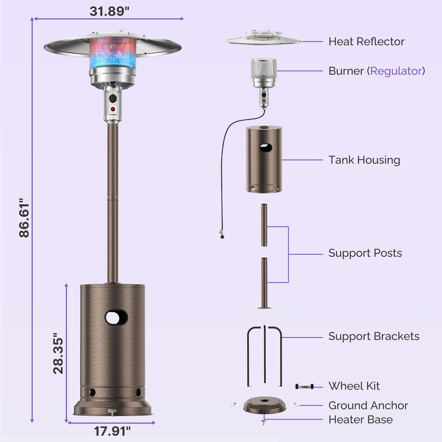Freestanding Patio Heater, 48,000 BTU Outdoor Propane Heater with Wheel Kit, Tip-Over Safety Valve, Stainless Steel Burner & One-Button Ignition (Bronze)