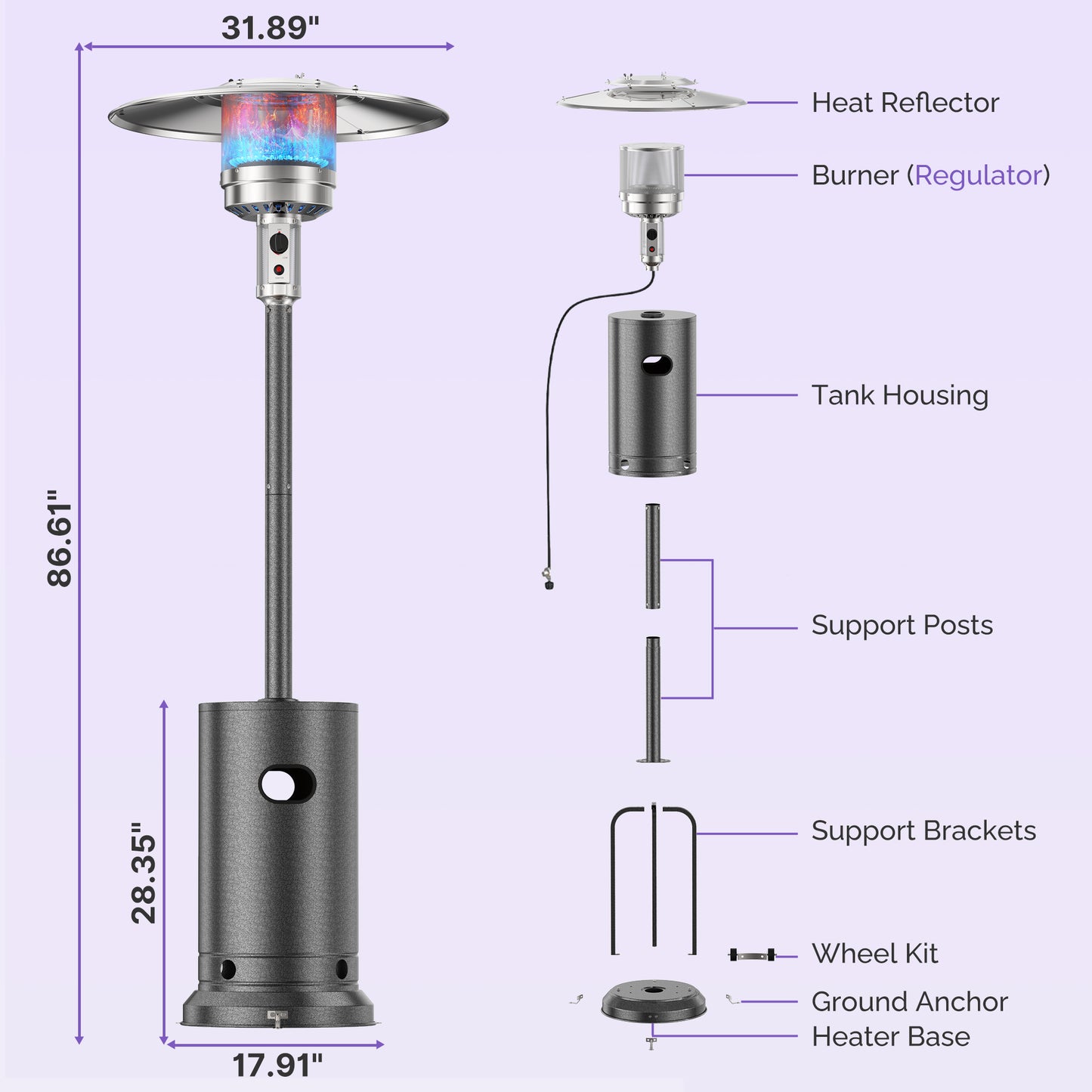 Freestanding Patio Heater, 48,000 BTU Outdoor Propane Heater with Wheel Kit, Tip-Over Safety Valve, Stainless Steel Burner & One-Button Ignition (Gray)