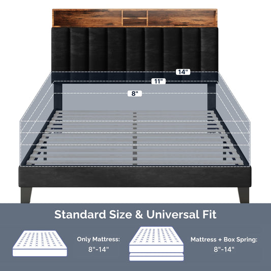 Wooden Platform Bed Frame with Storage Headboard, Built-in Charging Station & RGB LED Lights, Compatible with Multiple Mattress Sizes, Easy Assembly (Color: Black)