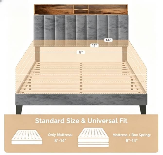 Wooden Platform Bed Frame with Storage Headboard, Built-in Charging Station & RGB LED Lights, Compatible with Multiple Mattress Sizes, Easy Assembly (Color: Grey)
