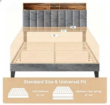 Wooden Platform Bed Frame with Storage Headboard, Built-in Charging Station & RGB LED Lights, Compatible with Multiple Mattress Sizes, Easy Assembly (Color: Grey)
