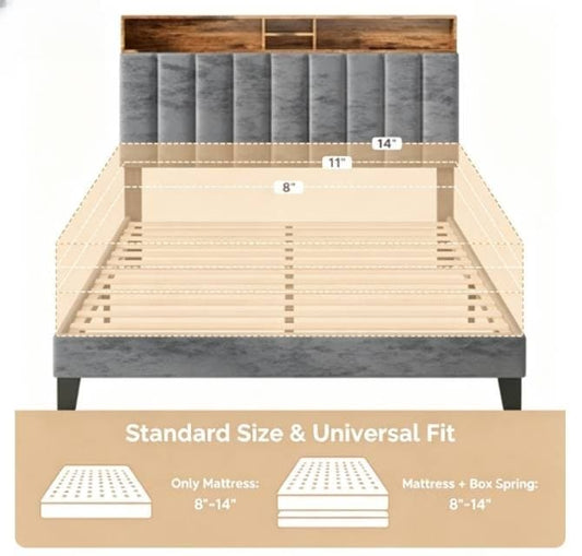 Wooden Platform Bed Frame with Storage Headboard, Built-in Charging Station & RGB LED Lights, Compatible with Multiple Mattress Sizes, Easy Assembly (Color: Grey)